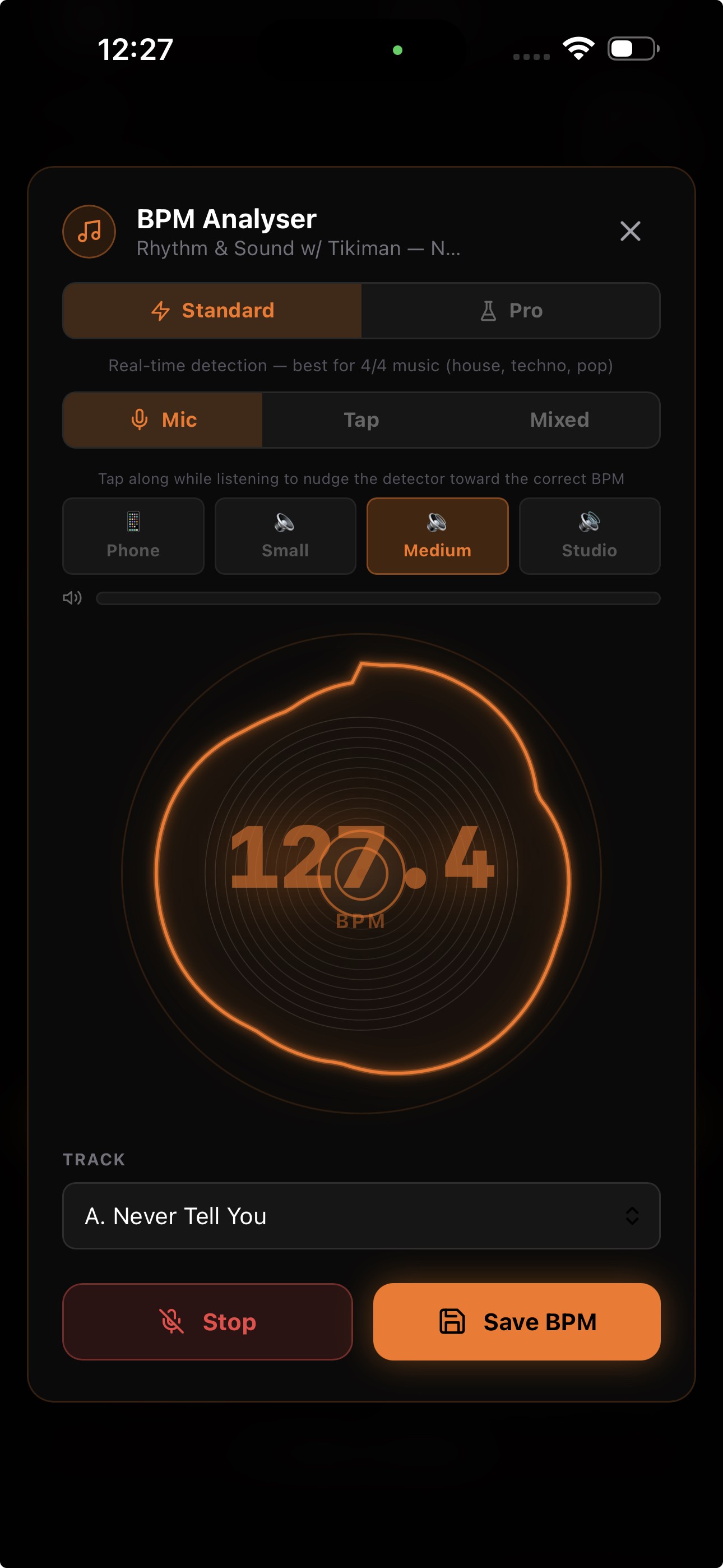 Wax Vault BPM analyser reading the tempo of a track