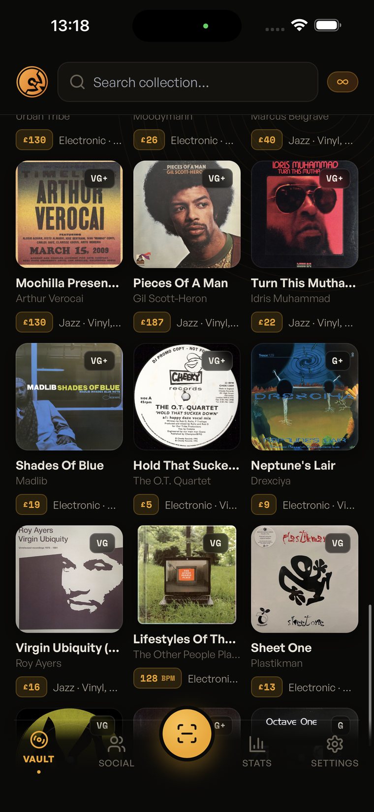 The Wax Vault collection screen — covers, grades and estimated values