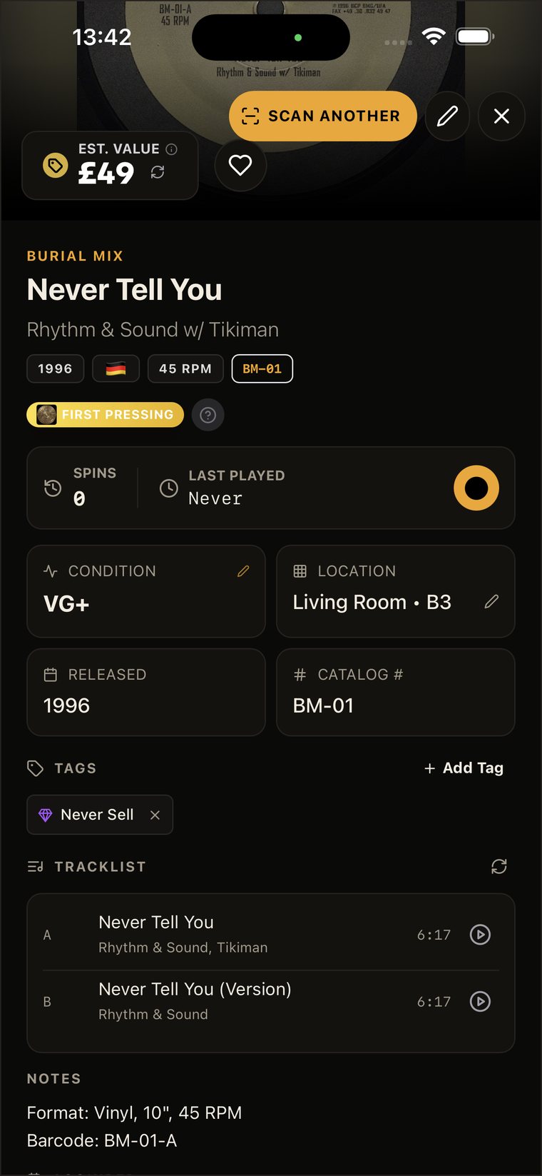 Wax Vault record detail — first pressing, condition, location, tracklist