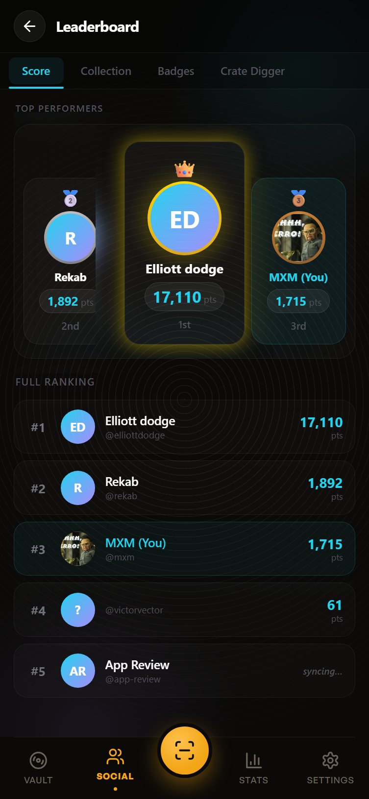 Wax Vault collector leaderboard with ranks and points